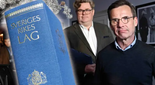 En blå lagbok, "Sveriges Rikes Lag", bredvid två män, antyder hur stiftas en lag.