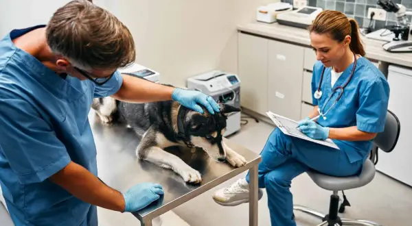 En djurvårdare nivå 3 undersöker en hund på ett undersökningsbord medan en kollega dokumenterar.