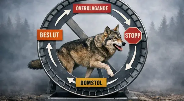 En varg springer i ett hjul med texten "Överklagande", "Beslut", "Stopp" och "Domstol". En bild som illustrerar villfarelse betyder att man fastnar i en ond cirkel.