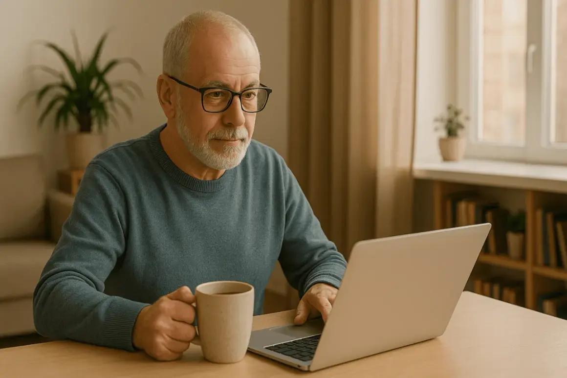 Äldre man med glasögon jobbar hemifrån vid sin laptop med en mugg kaffe. Han funderar på vilka jobb man kan jobba hemifrån.