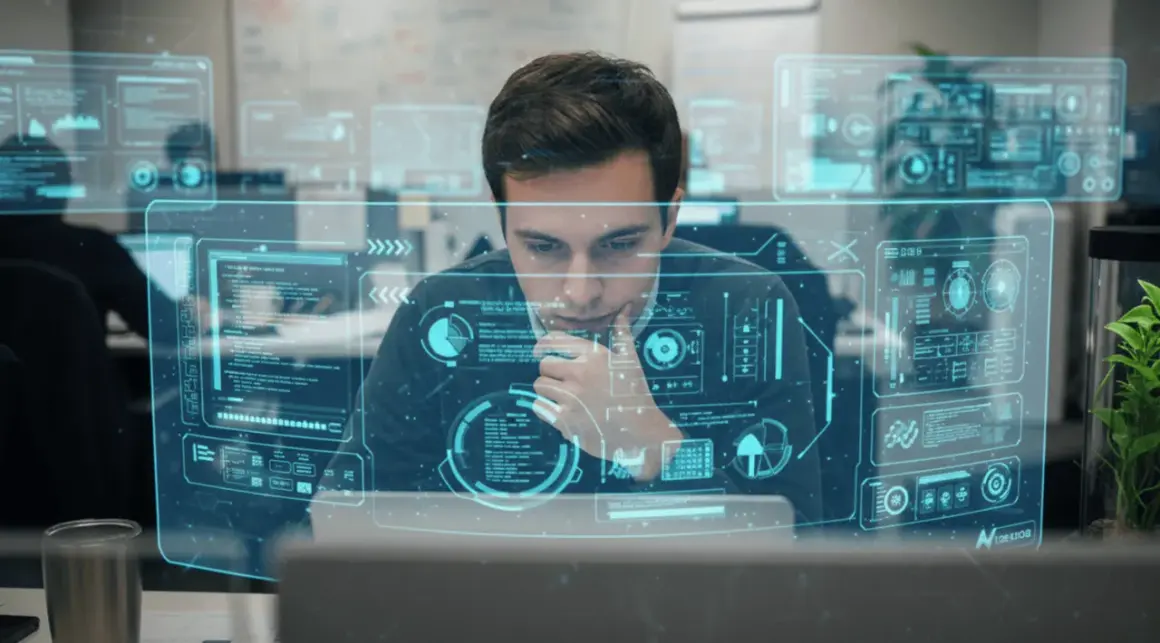 En ung data scientist analyserar komplexa dataflöden på en futuristisk skärm.