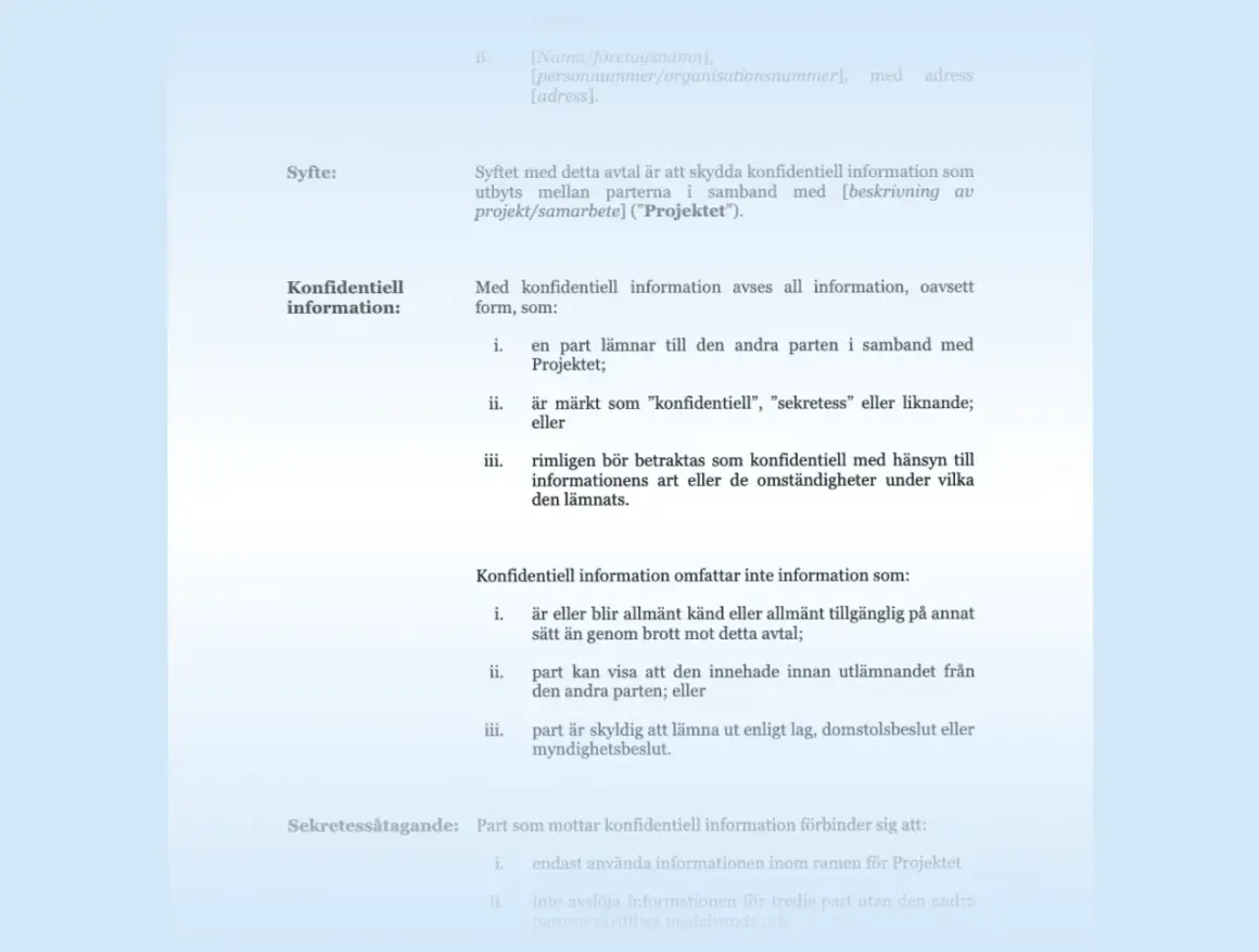 Exempel på avtal mellan två parter som reglerar hantering av konfidentiell information i ett projekt.