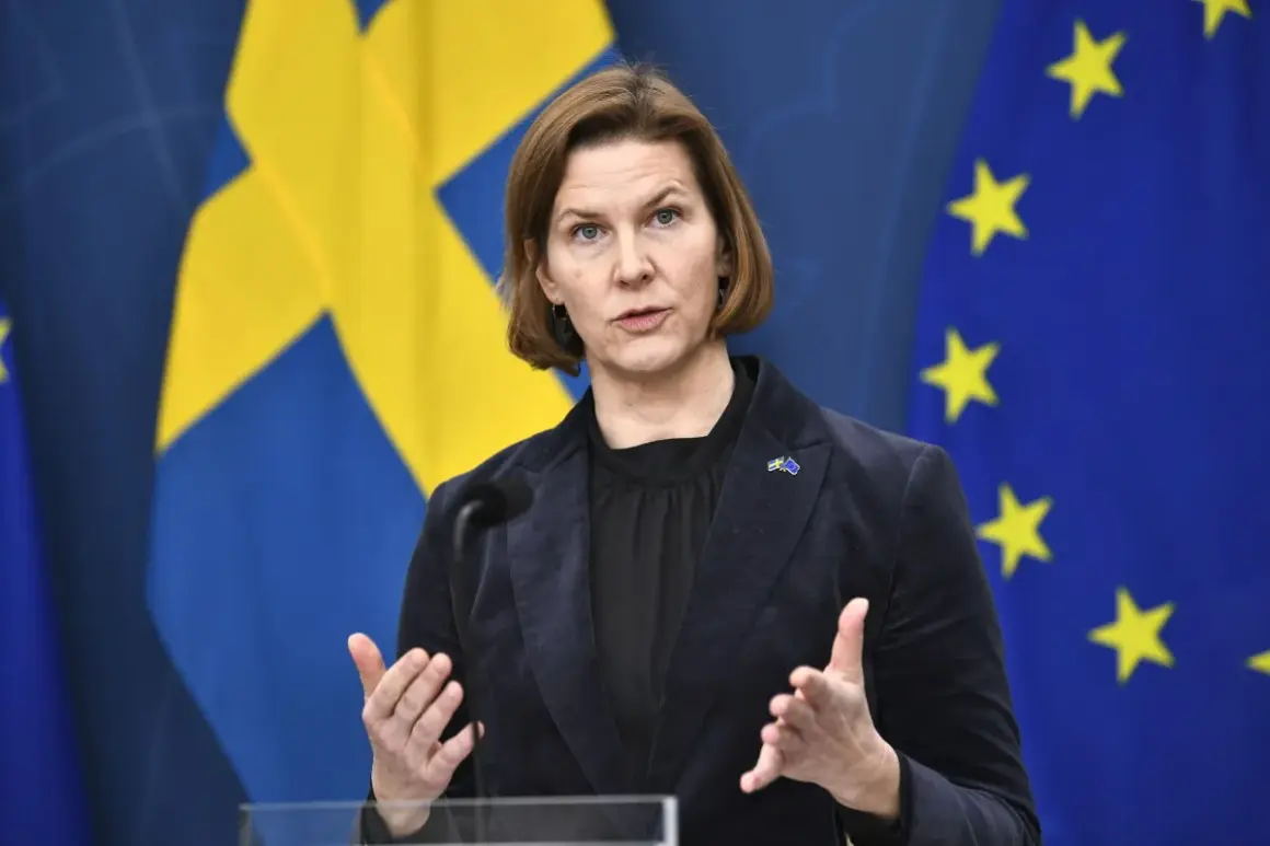 Kvinnlig talare framför svenska och EU-flaggor, diskuterar direkt effekt EU.