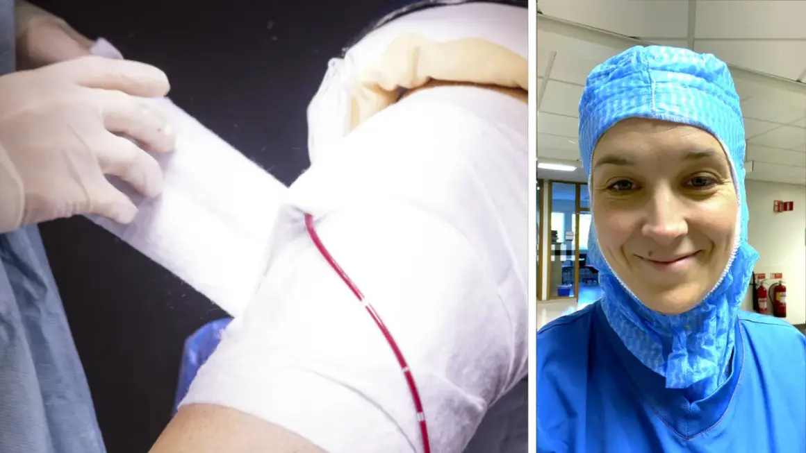 En person i blå operationskläder och skyddshuva ler mot kameran. Till vänster syns en arm som bandageras, en del av en ortoped utbildning.