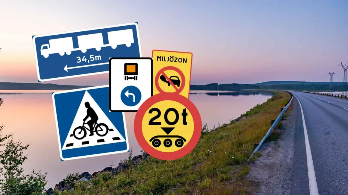 Swedish road signs for trucks, bicycles, environmental zones, and weight limits, overlaid on a scenic road and lake landscape.