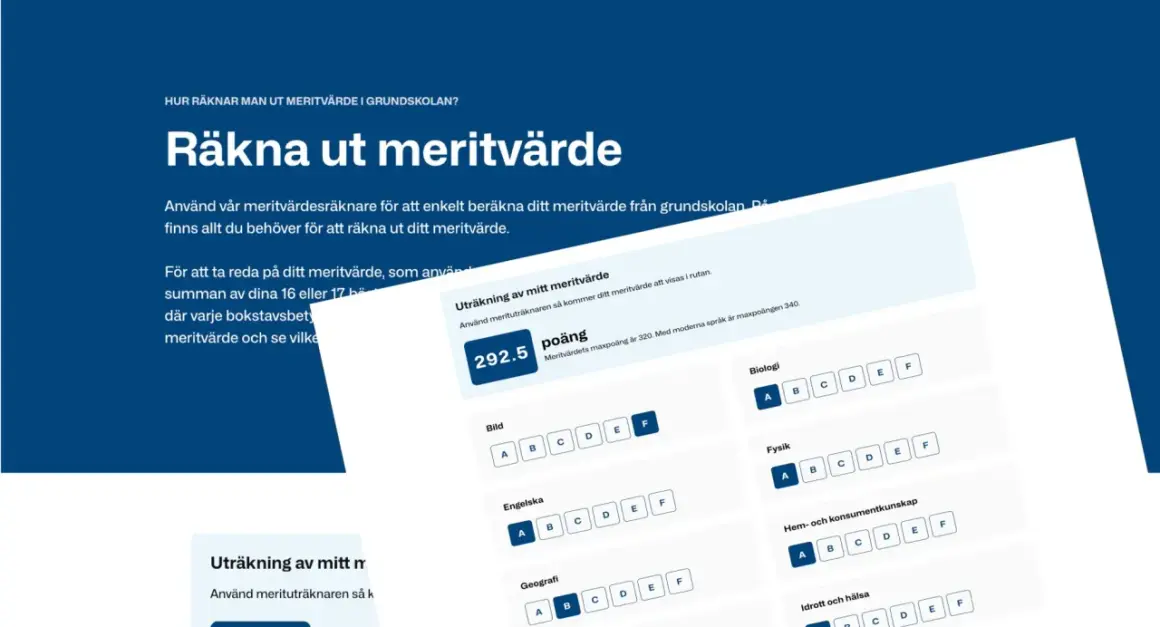 En skärmbild visar en meritvärdesräknare där man kan beräkna sitt meritvärde. En poäng på 292.5 visas, med möjlighet att välja betyg för olika ämnen.