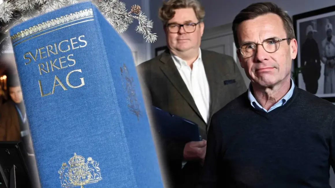 En blå lagbok, "Sveriges Rikes Lag", bredvid två män, antyder hur stiftas en lag.