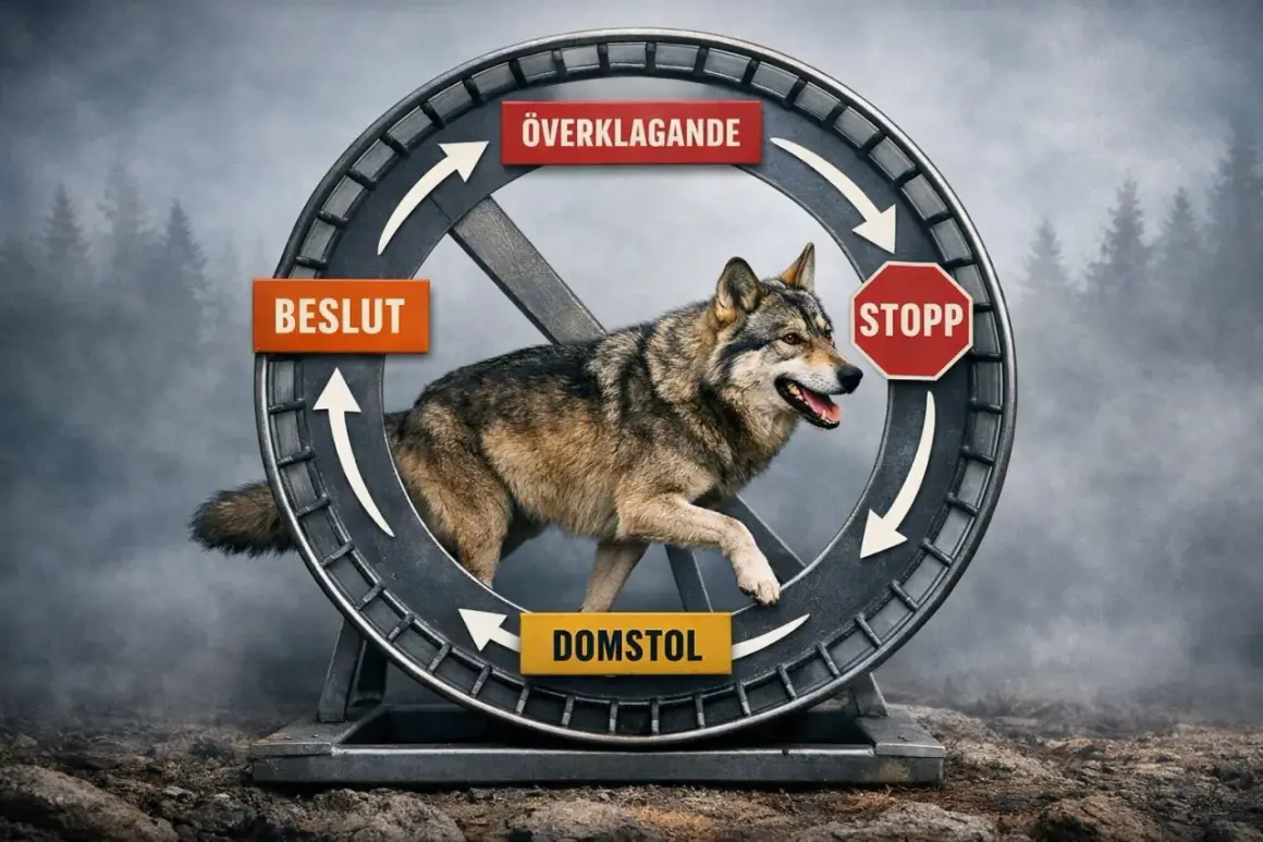 En varg springer i ett hjul med texten "Överklagande", "Beslut", "Stopp" och "Domstol". En bild som illustrerar villfarelse betyder att man fastnar i en ond cirkel.