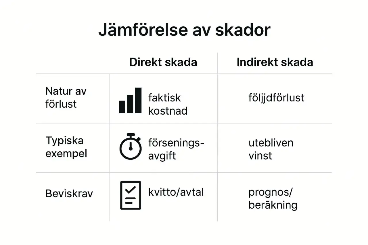 J&auml;mf&ouml;relse av skador: direkt skada (faktisk kostnad, f&ouml;rseningsavgift, kvitto/avtal) vs. indirekt skada (f&ouml;ljdf&ouml;rlust, utebliven vinst, prognos/ber&auml;kning) inomobligatoriskt skadest&aring;nd.