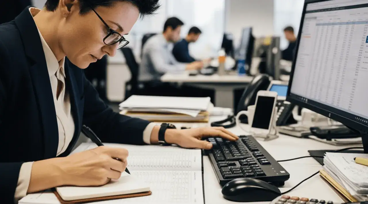 Kvinna med glas&ouml;gon jobbar som controller, skriver i anteckningsbok och anv&auml;nder tangentbord.