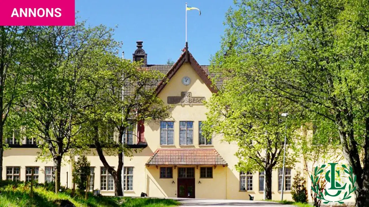 Gult hus med flagga p&aring; taket, omgivet av gr&ouml;na tr&auml;d. Ett klassiskt internat i Sverige.