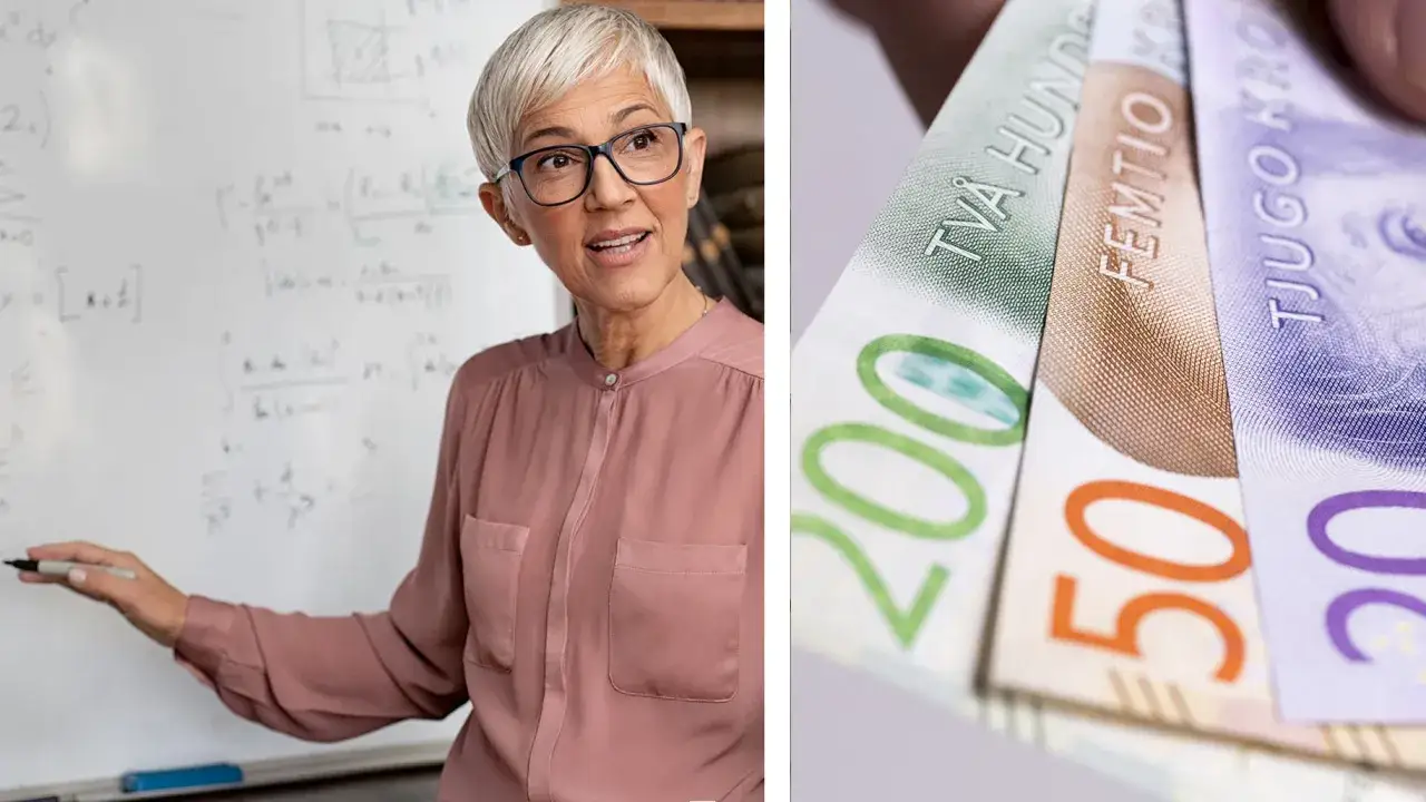 L&auml;rare vid whiteboard med matteformler och svenska sedlar. M&ouml;jlighet till stipendium gymnasiet.