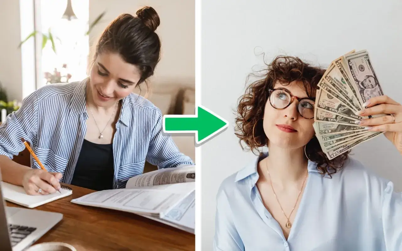 Fr&aring;n studier till framg&aring;ng: en kvinna som dr&ouml;mmer om bra betalda jobb utan utbildning, h&aring;ller upp sedlar.
