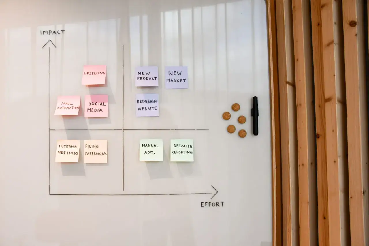 En kreativ direkt&ouml;r planerar strategier p&aring; en whiteboard med post-it-lappar som representerar olika projekt, fr&aring;n 