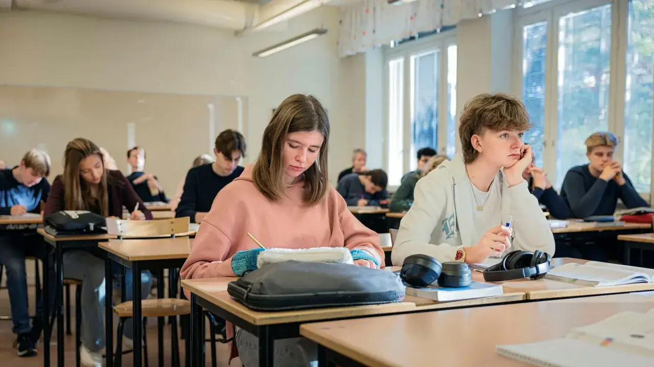 Elever p&aring; gymnasiet under skolplikt. De sitter vid sina b&auml;nkar och arbetar fokuserat med sina uppgifter.