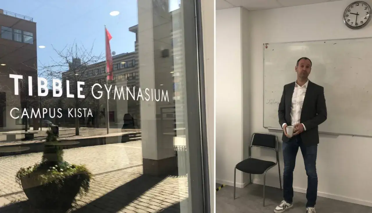 Entr&eacute; till Tibble Gymnasium Campus Kista. En man st&aring;r med en mugg framf&ouml;r en whiteboardtavla.