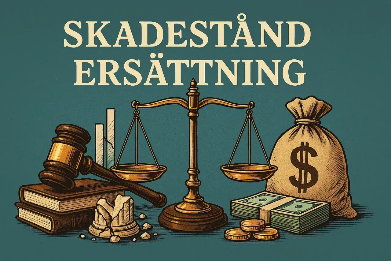 Domare, vågskål, pengar och en trasig pelare symboliserar konsekvenserna av illojalitet mot arbetsgivare, vilket kan leda till skadestånd.