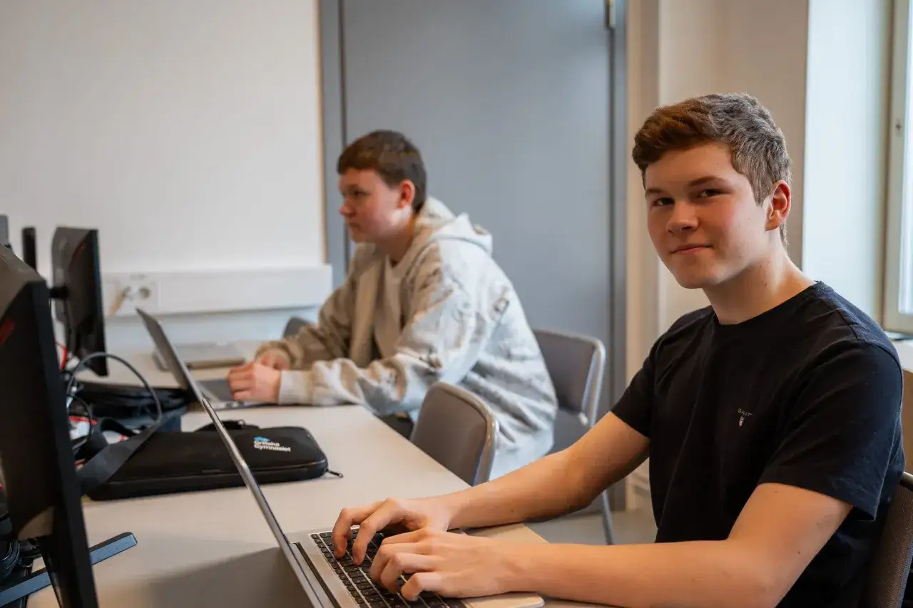 Tv&aring; elever arbetar vid datorer p&aring; Grillska gymnasiet Liljeholmen. En elev ler mot kameran.