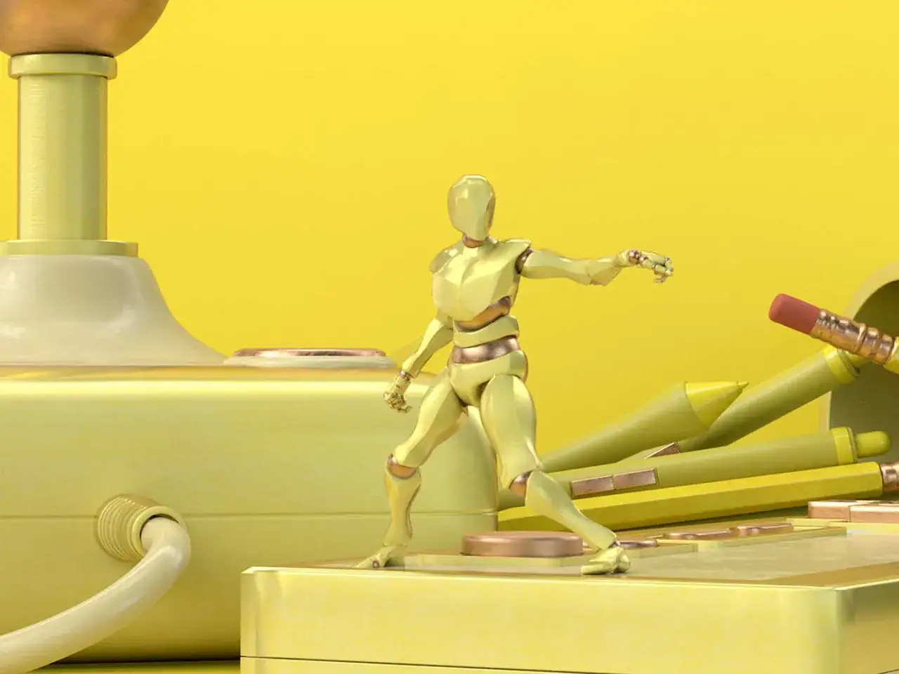 En guldf&auml;rgad robotfigur st&aring;r redo att skapa, omgiven av j&auml;ttelika pennor. En symbol f&ouml;r kreativa utbildningar som v&auml;cker fantasin.