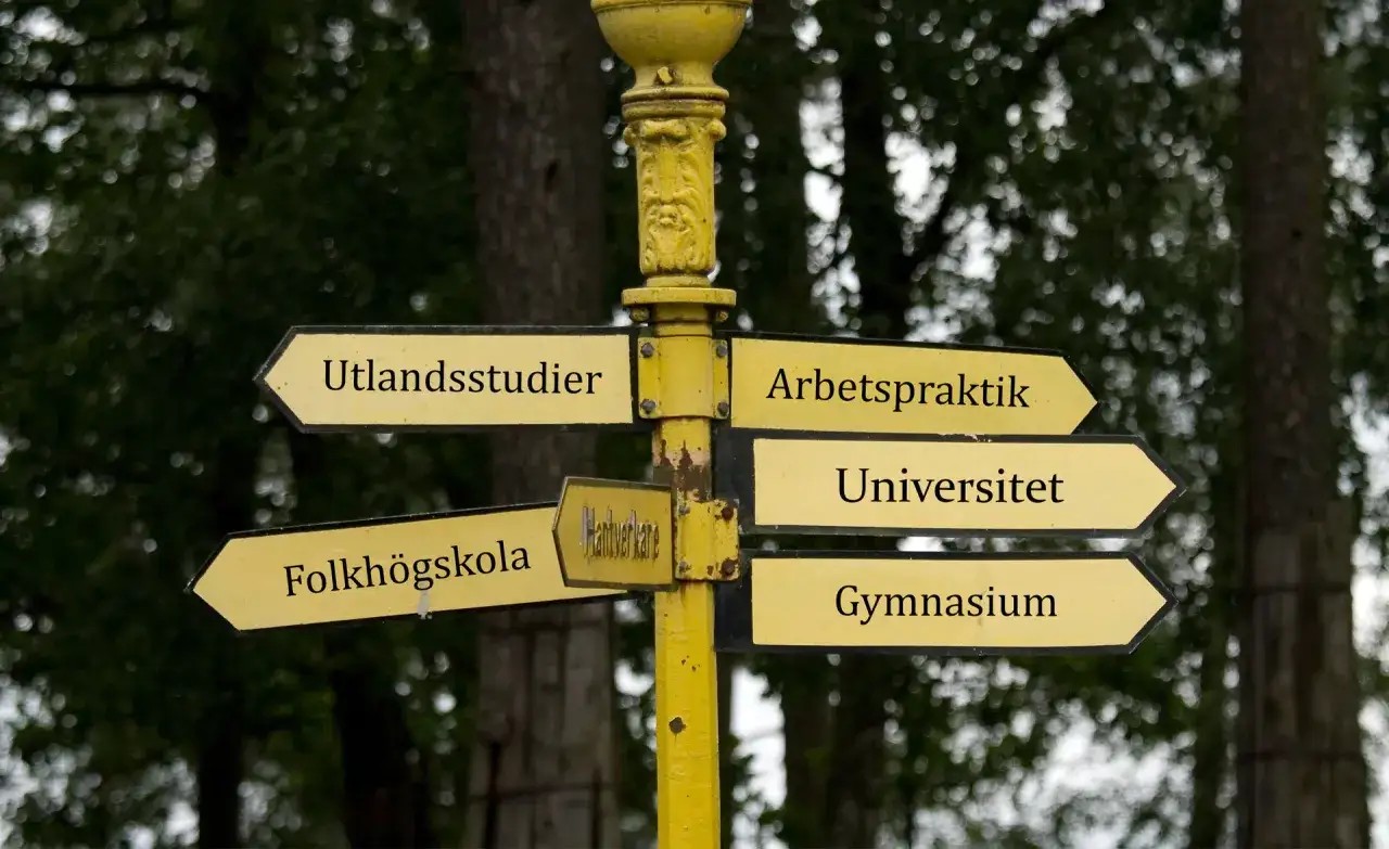 Gula skyltar visar olika v&auml;gar: Utlandsstudier, Arbetspsraktik, Folkh&ouml;gskola, Universitet, Gymnasium. Vad ska man plugga till?