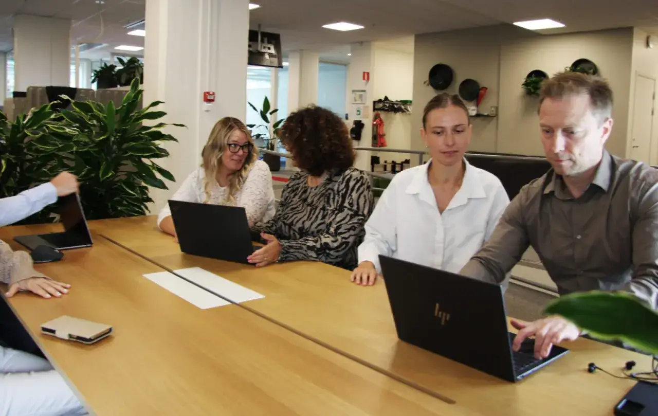 Teamwork i konsultmilj&ouml;. Fyra personer vid ett tr&auml;bord med laptops, diskuterar projekt.