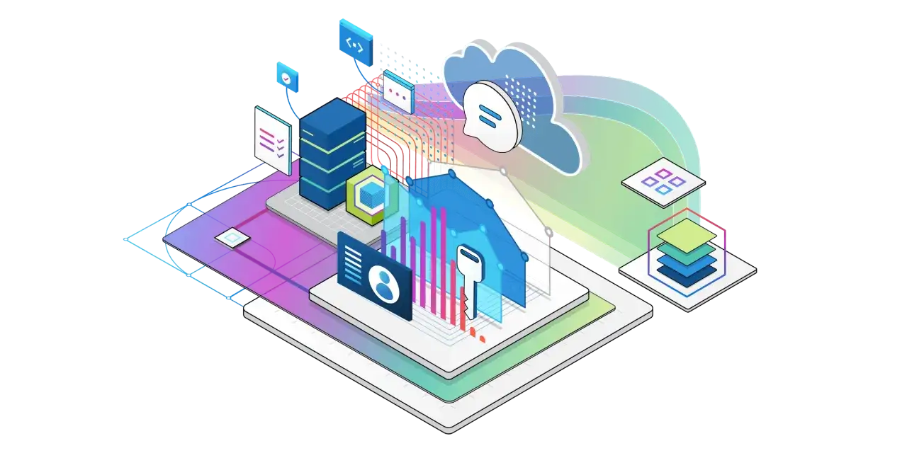 Abstrakt illustration av molninfrastruktur med servrar, moln, diagram och en nyckel. Perfekt f&ouml;r en cloud engineer utbildning.