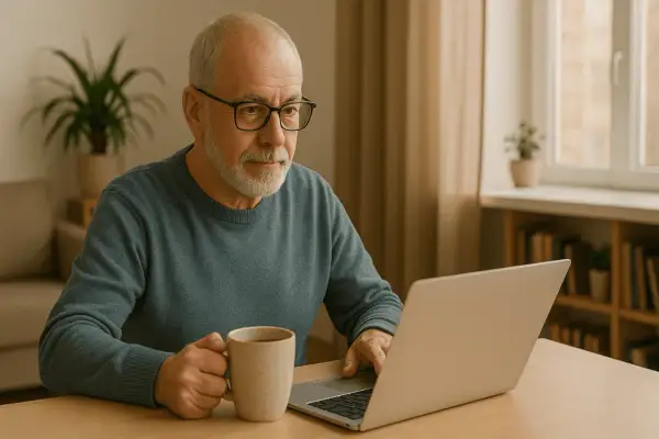 Äldre man med glasögon jobbar hemifrån vid sin laptop med en mugg kaffe. Han funderar på vilka jobb man kan jobba hemifrån.