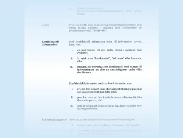Exempel på avtal mellan två parter som reglerar hantering av konfidentiell information i ett projekt.