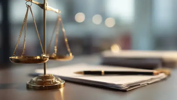 Golden scales of justice on a desk with a pen and papers.