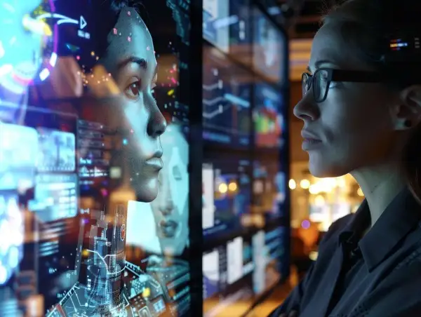 En **network engineer** ser på en digital avatar som reflekteras i en skärm med data.