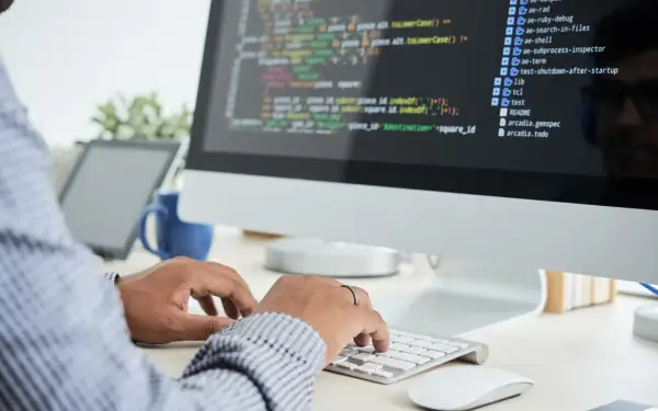 Person skriver kod på en datorskärm, en del av datorteknik 1a.