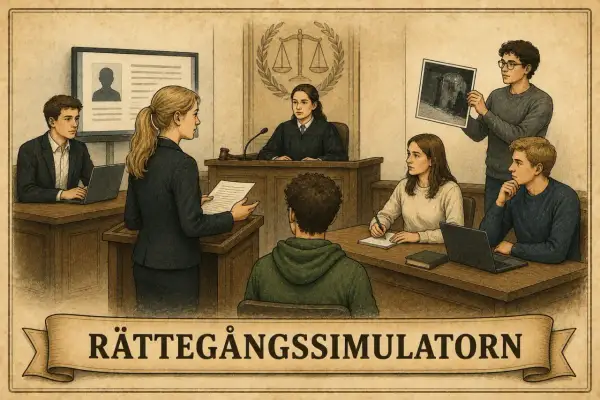 Rättssal med ungdomar som övar på en rättegång. En domare, åklagare och vittnen. Allt för att lära sig principen in dubio pro reo.